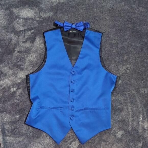 Men's Royal Blue Vest 5 Buttons Polyester/satin with bow tie Size S - Picture 2 of 10